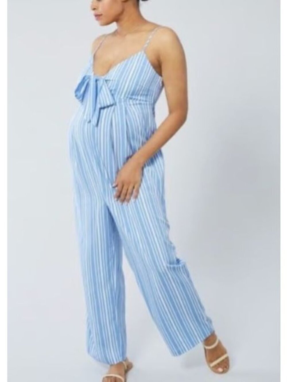 New Ingrid & Isabel The Know Small Cabana Blue and White Stripe Jumpsuit *Stain*